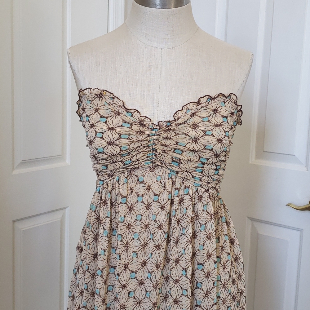 💐 Vintage Diane von Furstenberg Silk Strapless Boho Dress Beige Turquoise  • 8 - Picture 6 of 13